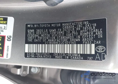 2018 Toyota Corolla Le из США, поврежденный, VIN 2T1BURHE2JC101145